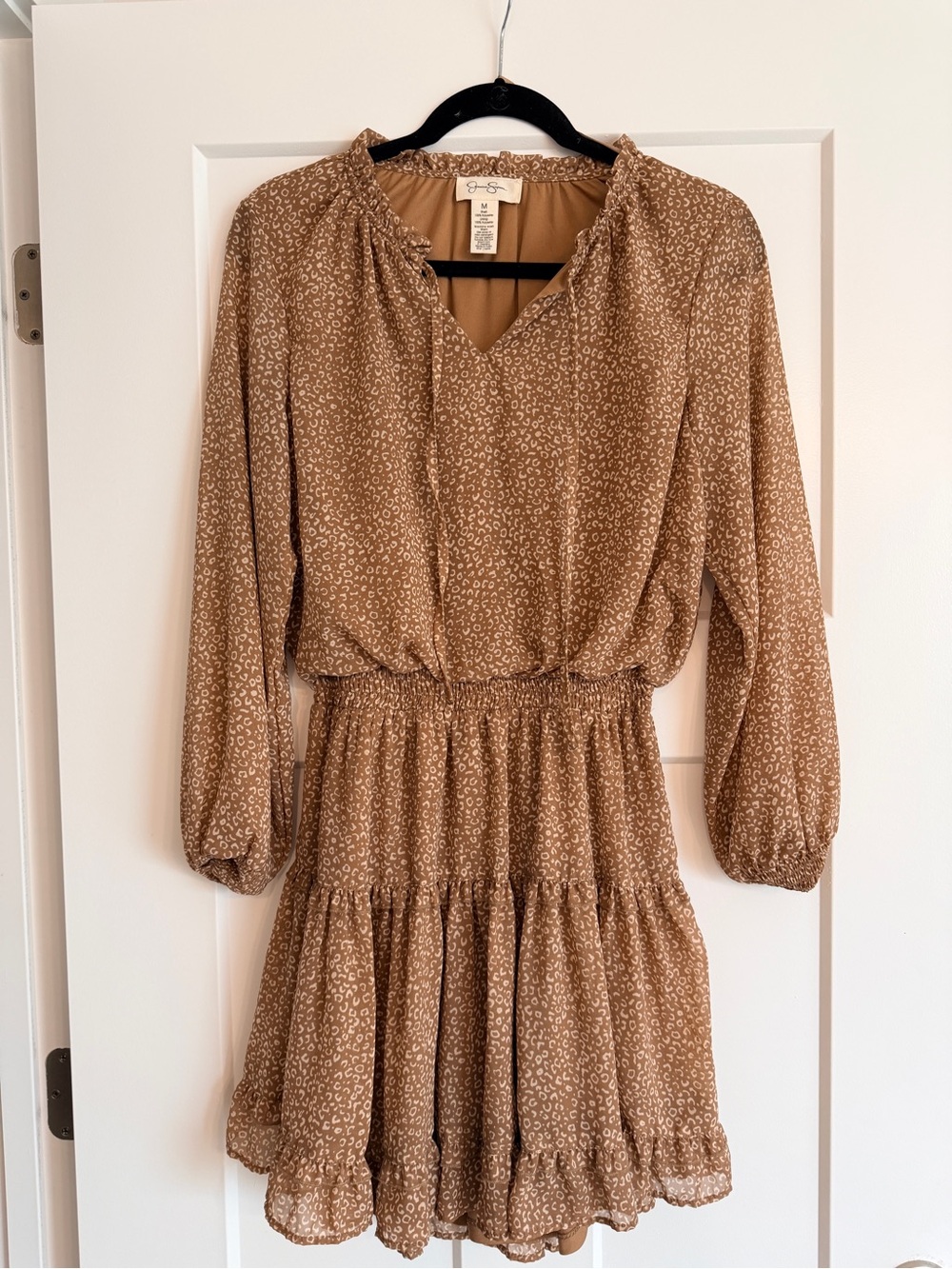Jessica Simpson Tan Printed Long-Sleeve Tiered Dress